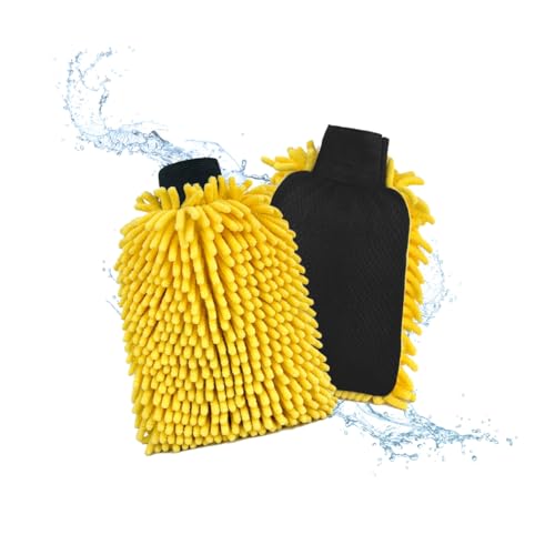DU Life Lot de 2 Gants de Lavage de Voiture en Microfibre de qualité supérieure - Fins, Doux et absorbants - Éponges Chenille Jaunes pour l'entretien...