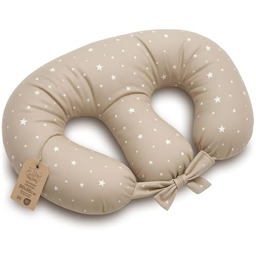 Stillkissen XXL für Zwillinge 90x50 cm - Breastfeeding Nursing Pillow Baby Kissen für Twin Stillen und Lagerungskissen Twins Still Babykissen Stillmond Oeko-Tex Beige mit Weiß Sternen