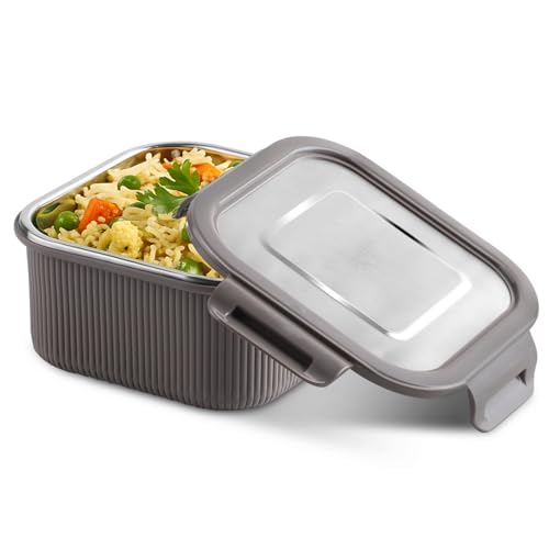 Image of Jaypee Plus Ultima Micro Seal Microwave Safe Air Tight Food Storage Container 800 ml Inner Stainless Steel Rib Design Spillproof Lunch Box for School, Office, Ideal for Snacks and Meal,Mirror Grey