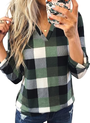 Image of Dokotoo Womens Tops Plaid Cotton Cuffed 3 /4 Sleeve Shirts Blouses