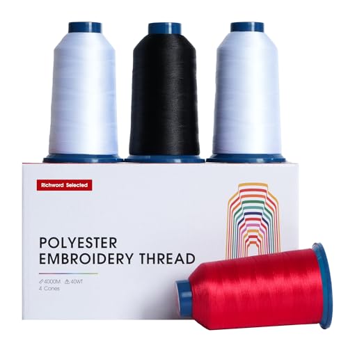Image of Poolin Embroidery Thread, 2White+1Black+1Red, Huge Spool Richword Selected 4 Rolls 4000M(4374Y) 40WT Polyester Thread for All Embroidery Machines Embroidery Machines