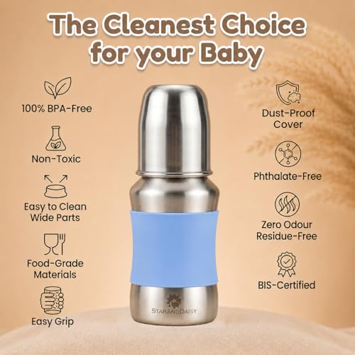 Image of StarAndDaisy Baby Milk Bottle for new Born /Infant /Toddler 140 ML SUS 304 Steel Baby Feeding Bottle for 0+ Months, BPA Free Leakproof, Anti Colic, Easy to Clean -Blue