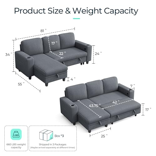 Image of LINSY HOME Sectional Sleeper Sofa with Pull Out Couch Bed Convertible Plush Corduroy Cloud Couch with Storage Chaise & USB Charging, Comfy L Shaped Modular Couches for Living Room Apartment (Grey)