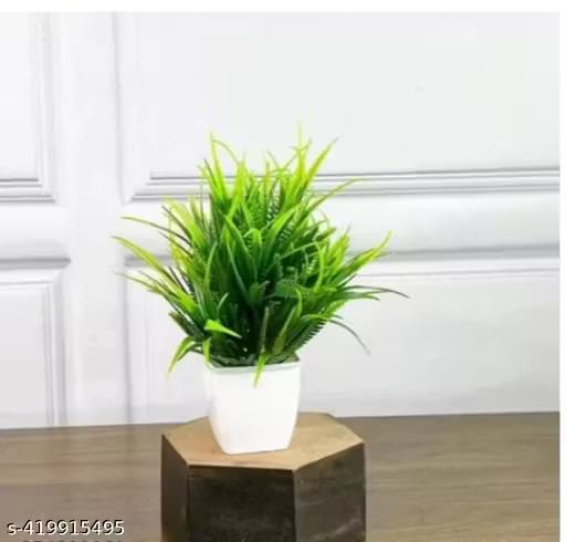 Image of Artificial Plant with White Pot, Green, Small Decorative Faux Plant, Indoor Home Decor, Detachable Pot