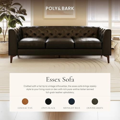 Image of POLY & BARK Essex 89 inch Full-Grain Italian Leather Sofa - Tufted Back, Feather-Down Comfort, Solid Wood Frame, Onyx Black