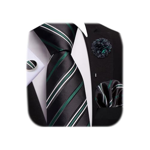 Image of Dubulle Mens Black Green Tie and Lapel Pin 4Pcs Set Formal Striped Dress Necktie with Pocket Square Cufflinks Wedding Party