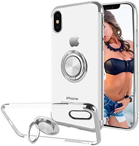 Cover for iPhone Xs MAX Case Thin Clear TPU Bumper with Ring Holder Kickstand Magnetic Design-Silver