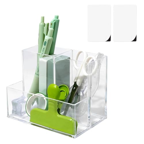 Elezeal Small Acrylic Desk Organizer, Compact Clear Acrylic Pencil Pen Holder, 3 Slots Desktop Desk Tidy Caddy Makeup Brush Sorter Holder for Office Vanity Countertop Bathroom Bedroom-1 Pack