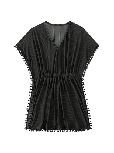Milumia Girl's Pompom Trim Mesh Sheer Beach Coverups Swimsuit Cover Up