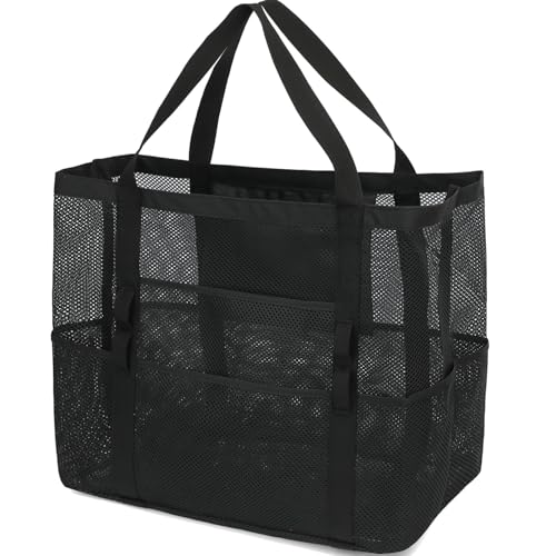 GYEUKHAM Bolsa de praia de malha - Bolsa grande de praia com vários bolsos para a família, bolsa de praia para brinquedos e itens essenciais de férias, Preto, Large