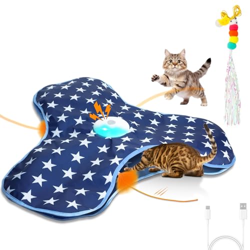 Indoor Cat Interactive Toys Simulated Hunting Rechargeable Interactive Cat Toys with Feather Accessories 360° Self-Rotating Rolling Ball Suitable for Energetic and Bored Cats (Blue)