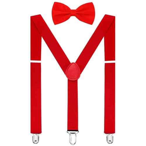 habibee Suspender and Bow Tie Set for Men Adjustable Braces with Y Back Diverse Colors Strong Clips (1 Red)