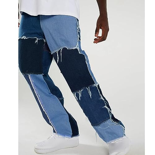 JEShifangjiusu Mens Patchwork Contrast Color Regular Fit Flex Jean Color Block Patched Skate Jeans Loose Casual Denim Trouser3