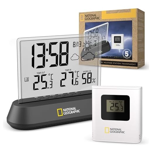National Geographic Estación meteorológica radiocontrolada con Sensor Exterior en diseño Transparente, con Pantalla para Temperatura y Humedad y visualización de Tendencias meteorológicas