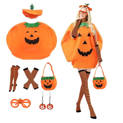 MAINOSHY Kürbis-Kostüm für erwachsene Frauen, Halloween-Outfit mit Süßigkeitentasche, Hut, Kürbisbrille, gestreifte Strümpfe, Handschuhe, Ohrringe, lustiges Cosplay-Outfit für Halloween