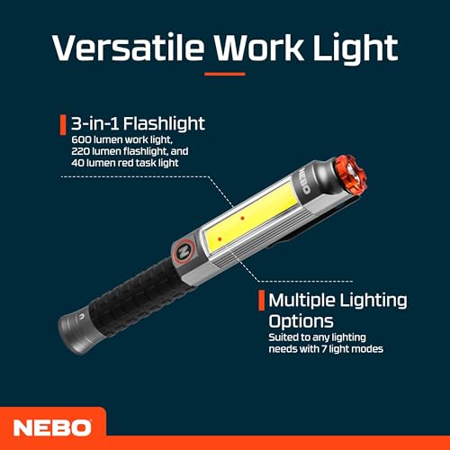 NEBO Big Larry 3 Work Light, 600 Lumen Flashlight with COB Work Light, Pocket Clip Magnetic Base for Hands-Free Lighting, Portable COB LED Dimmable Flashlight, Hazard Light-Red - Image 3
