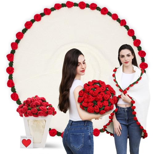 Duryeo Stocking Stuffers for Women, Crochet Rose Flower Bouquet Blanket,