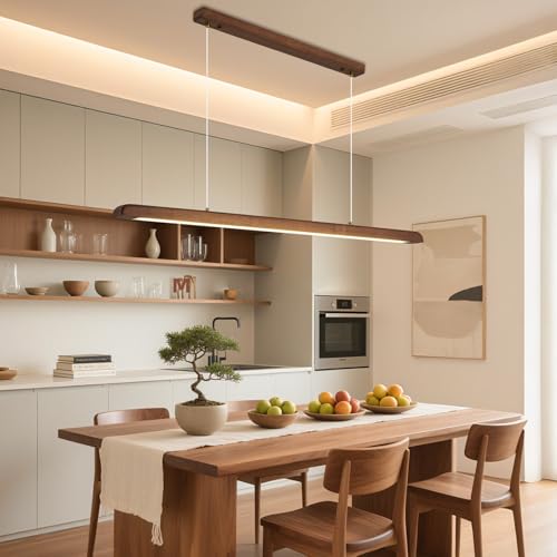 Aleaty Lámpara colgante LED de madera para comedor lineal moderna regulable con mando a distancia minimalista altura ajustable adecuada para restaurantes y oficinas (madera de melocotón, L90cm)