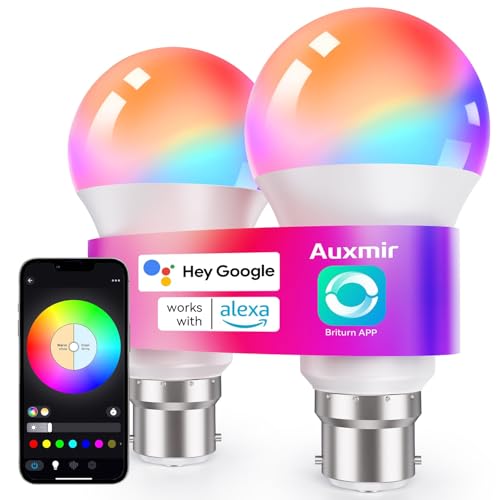 Auxmir Smart Bulb B22, LED Alexa Light Bulbs, 10W, 16 Million Colors, Music Sync, Dimmable, Work with WiFi Alexa, Google Assistant, DIY Modes, Schedule & Timer, App Voice Group Remote Control, 2 Packs