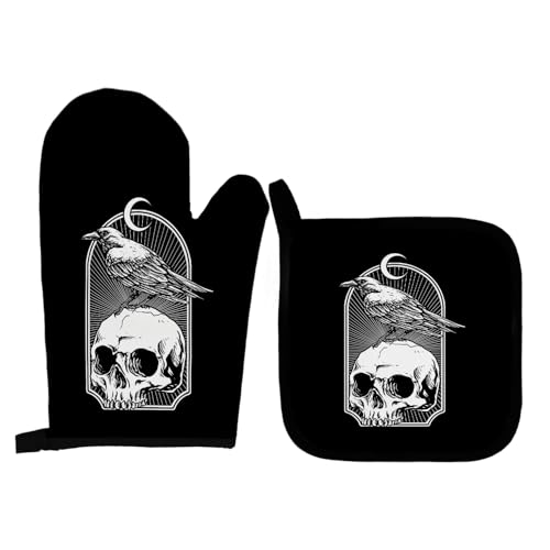 Qeheb Gothic Skull Raven Halloween Oven Mitts and Pot Holders Set, Moon Crow Skull Raven Oven Mitts for Kitchen Decor, Gothic Lovers Gifts