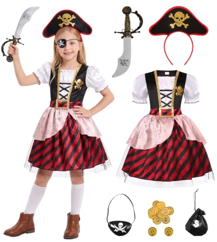 Bordazor Girls Pirate Costume Buccaneer Princess Costume for Halloween Party Dress Up (7-9 Years)