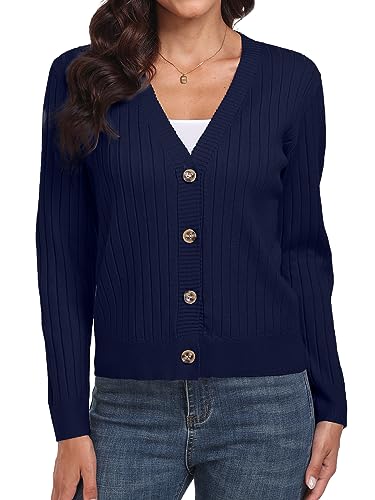 Image of FREEOAK Women's Lightweight V Neck Wool Blue Cardigan Cozy Cotton Sweaters Button Down Cardigan for Women Winter Fall Casual Sweaters Navy Blue 2XL