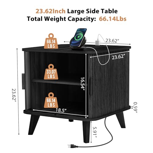 Image of 24 inch Square Side Table with Charging Station, Fluted Nighstand with Storage & Sliding Door, Large Wood End Table for Bedroom, Living Room (Square, Black)