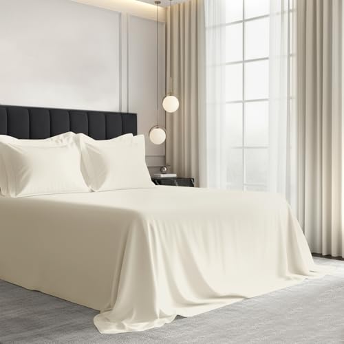 Image of Pizuna 100% Cotton Bedsheet Super King Size with 4 Pillow Covers, 1000 Thread Count Long Staple Cotton, Flat Bed Sheet 108X108 Inch for Superking Bed, New Ivory
