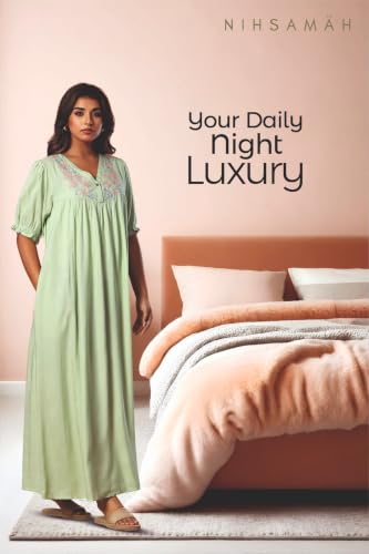 Image of NIHSAMAH Viscose Nighty for Women, Embroidered & Printed Stylish Night Gown, Long Sleeve Comfortable Sleepwear Long Nightwear, Maxi
