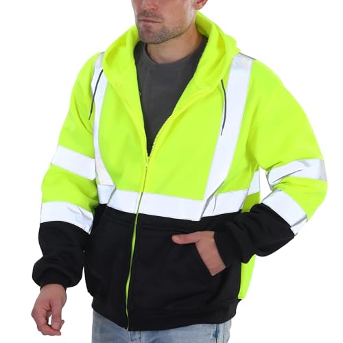 sesafety High Visibility Safety Sweatshirt for Men Class 3 Reflective Zippered Hooded Sweatshirt Hi-Vis Safety Hoodie with Black Bottom