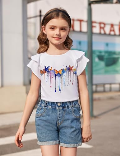 Image of Girls T Shirts Ruffle Short Sleeve Round Neck Loose Blouse Summer Solid Color Casual Girl Tee Tops for 3-12 Years