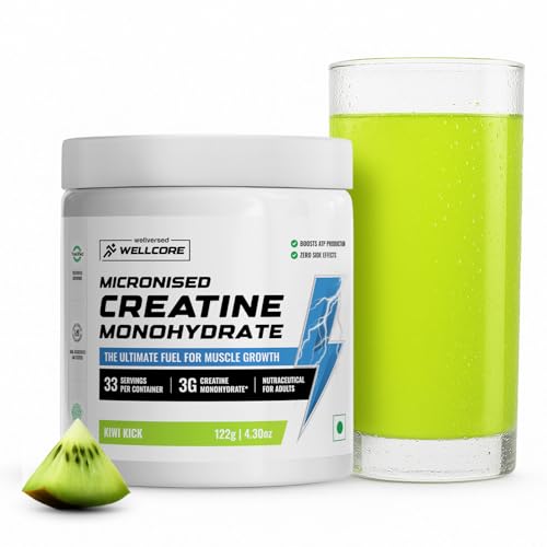 Image of Wellcore Pure Micronised Creatine Powder (33 Servings, Kiwi Kick) For Enhanced Muscle Strength With Rapid Absorption | Creatine Monohydrate | Wellcore Creatine Flavoured - 122g