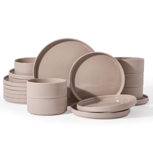 Image of Famiware Stoneware Dishes Dinnerware Sets for 6, Ribbed Plates and Bowls | 18pc Ceramic Dinner Set with Lipped Edges, Chip & Scratch Resistant , Microwave & Dishwasher Safe, Everyday Formal Use, Brown
