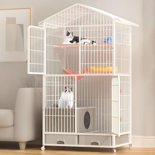 猫ケージ 3段/4段 トイレ付き キャスター付き 猫用ケージ 大型 スリム 猫のゲージ 猫 多頭飼い 収納 鍵 ハンモックとペットベッド 通気性が良い 頑丈 室内用 移動便利 脱走防止 掃除しやすい ペット用品 ホワイト 4層 160cm