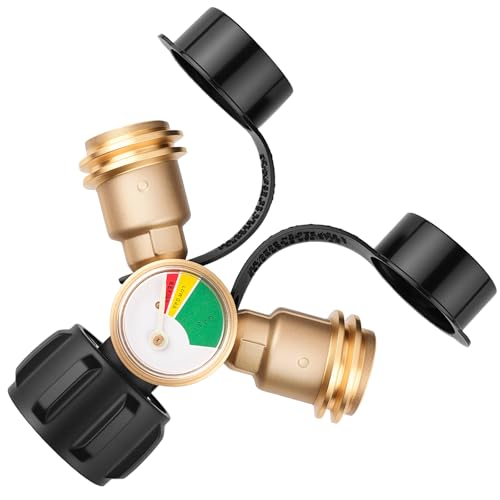 Luney Propane Splitter 2 Way Propane Tank Splitter with Gauge Propane Y Splitter Adapter with Shut Off Valve Propane Y Splitter for Camping Stoves Heater BBQ Grills Gas Burners and More