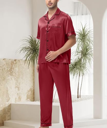 Mens Satin Silky Pajama Sets Short Sleeve Button Down Sleepwear Long Pants Loungewear with Pockets3