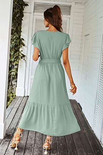 PRETTYGARDEN Women's Summer Floral Boho Maxi Dress Wrap Short Sleeve V Neck Ruffle A-Line Flowy Wedding Guest Long Dresses