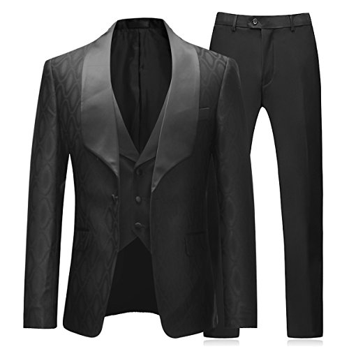 Anzug Herren Slim Fit 3 Teilig Business Hochzeit Jacquard Schalkragen Knopfleiste mit EIN Knopf Cover