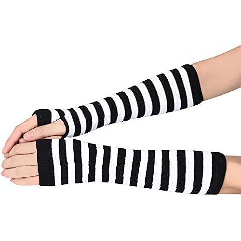 BUZHIDAO Women's Long Fingerless Gloves Knitted Arm Warmers Stripes Prints Fabric Arm Sleeves Women's Thumb Hole Elbow Length Gloves Striped Arm Warmers - White - One Size Free Size Cover