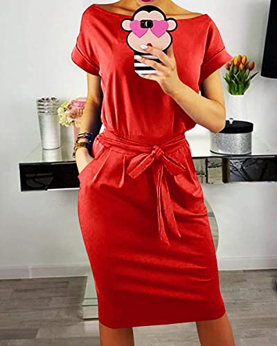 Image of PRETTYGARDEN Women's Summer Short Sleeve Crewneck Striped Dress Basic Solid Tie Waist Office T Shirt Dresses Pockets