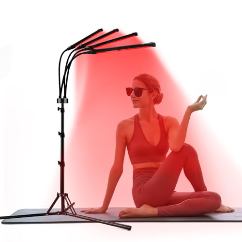 Trayvespace Red Blue Light Lamp Floor Standing, 415nm Blue Light 660nm Red Light 850nm Near Infrared Light, 4 Adjustable Heads, Infrared Lamp Non-Heating, 3 Modes, 5 Brightness Levels, Timer