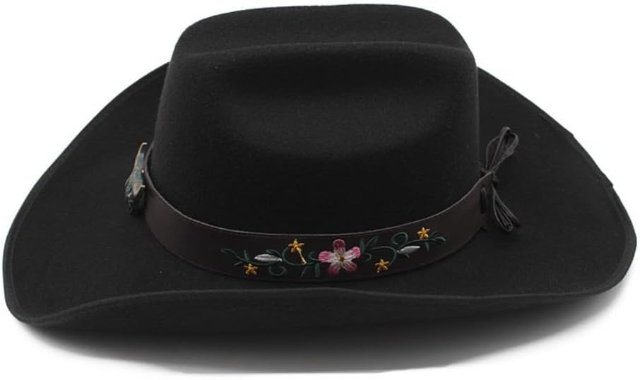 Western Cowboy Hat with Floral Band, White Felt, Decorative Bull Emblem