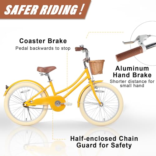 Image of Glerc Little Molly 12-20 Inch Kids Retro Cruiser Bike for 2-13 Year Old with Wicker Basket & Training Wheels /Kickstand, Multiple Colors