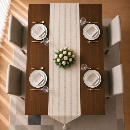Image of STITCHNEST 'Nomad Weave Collection' Jacquard Table Runner 13x60 Inches| Tassel Finish | Modern Dining Table Decor