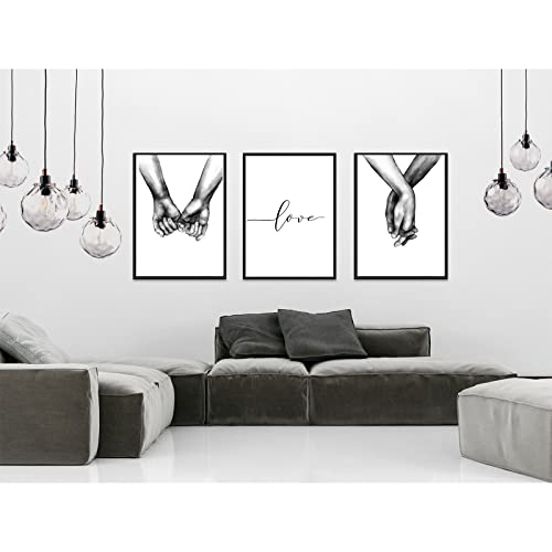 123 Life Póster minimalista de dibujo en lienzo blanco y negro con texto en inglés "Love and Hand in Hand in Hand Line Dibujo en lienzo impreso decoración de pared sin marco, 40 x 60 cm Cover