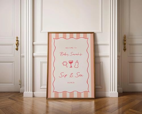 Sip and See Baby Shower Welcome Sign Pink Striped Hand