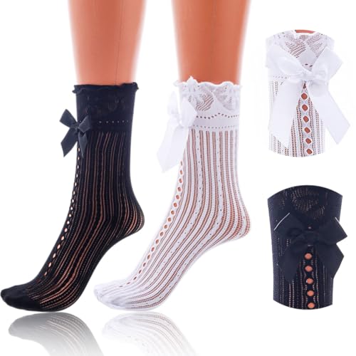 Cute Bow Ankle Socks Lace Ruffle Socks Black White Lolita Sock for Women 2 Pairs