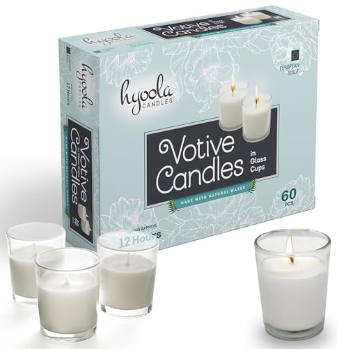 Image of Hyoola White Votive Candles in Glass - Pack of 60 Votive Candle - 12 Hour Burn Time - Unscented Votive Candles - European Made Glass Votives