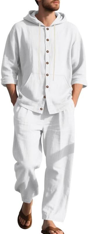 Mens 2 Pieces Cotton Linen Set Casual Long Sleeve Henley Shirts Beach Yoga Pants Summer Outfits