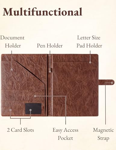Image of Mymazn Padfolio Portfolio Folder, Faux Leather Interview Resume Folder with Document Organizer & Business Card Holder, Letter-Sized Notepad Legal Pad Holder for Men Women (Brown)